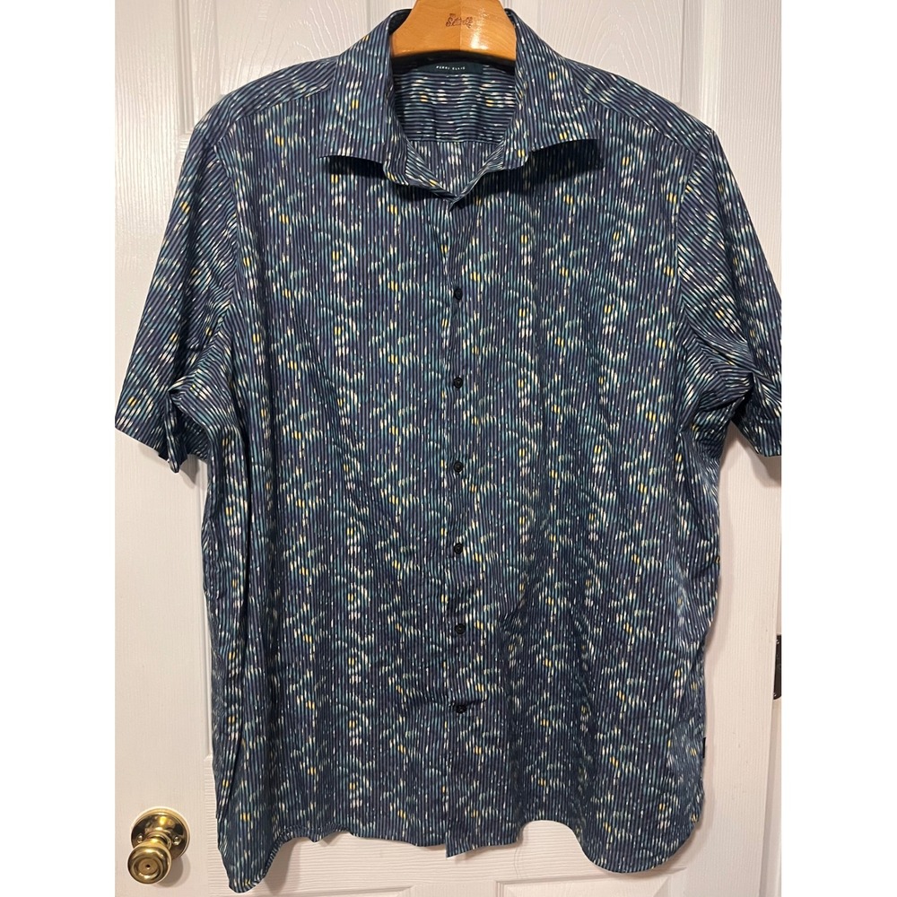 Perry Ellis Mens 3XLT Short Sleeve Button Down Shirt Abstract Blue Teal Cotton